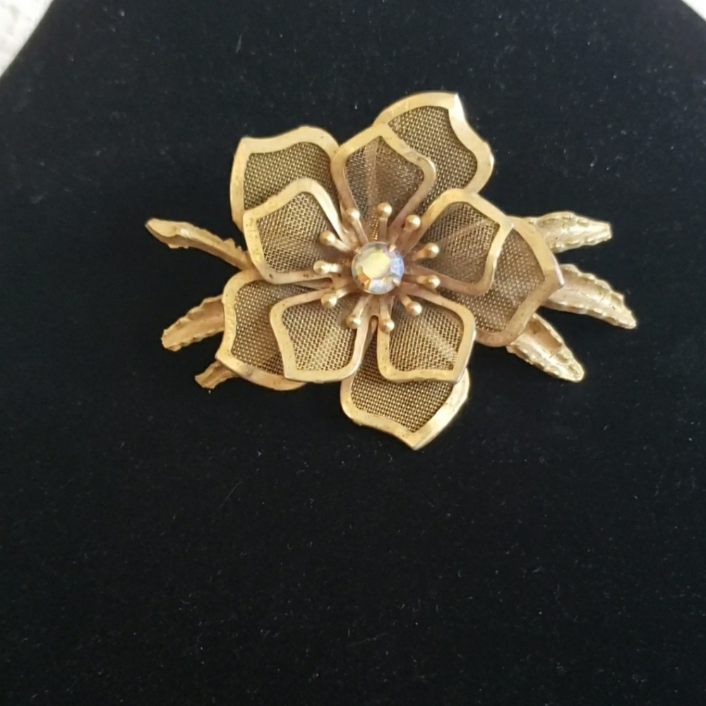 Vintage Large Gold Tone Edged Net Panels Facetted Aurora Borealis Rhinestone 